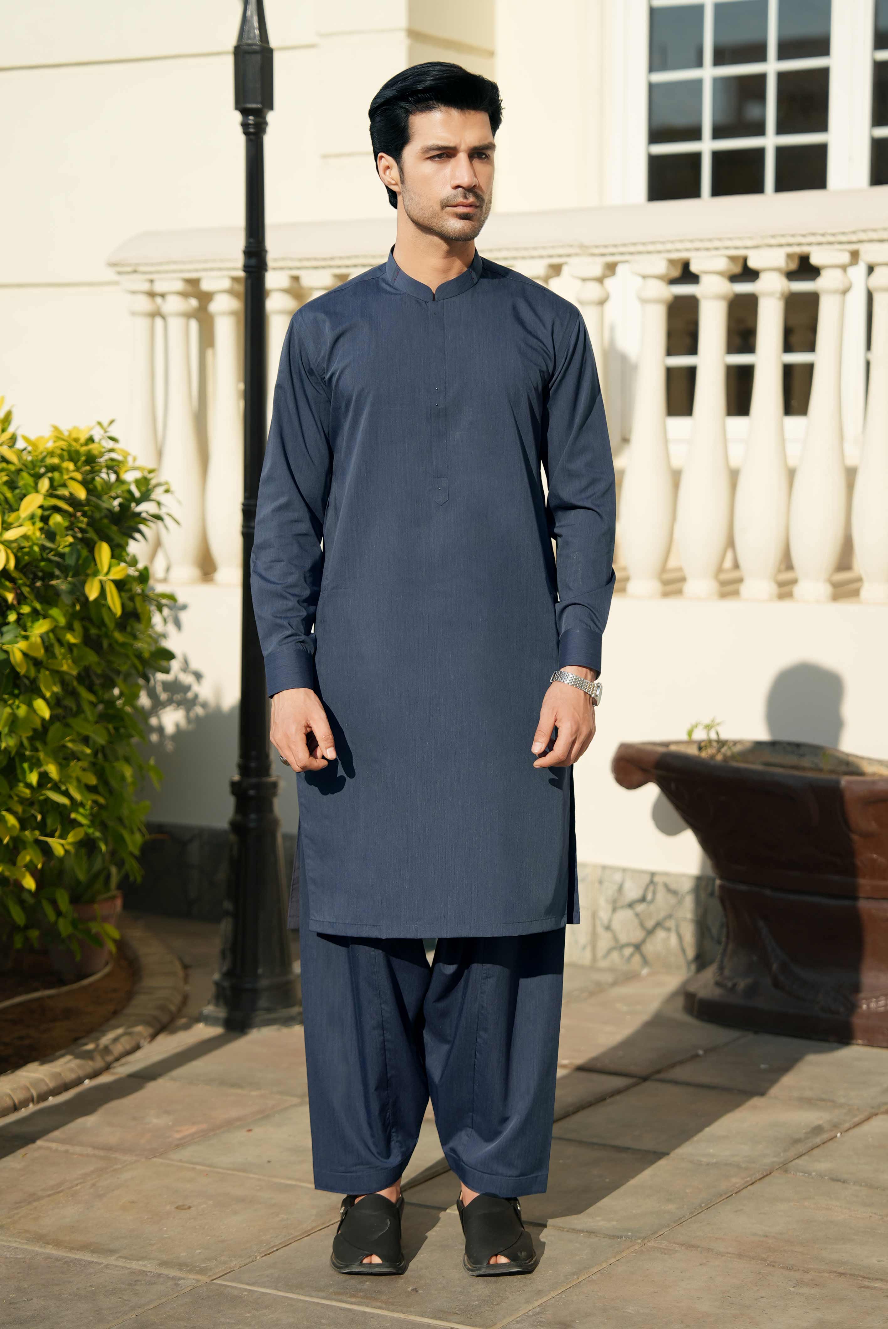 Greyish Blue stitched Shalwar Kameez in Double Cheetah Bosky wash & wear fabric by Narkin's – FQ Collection.
