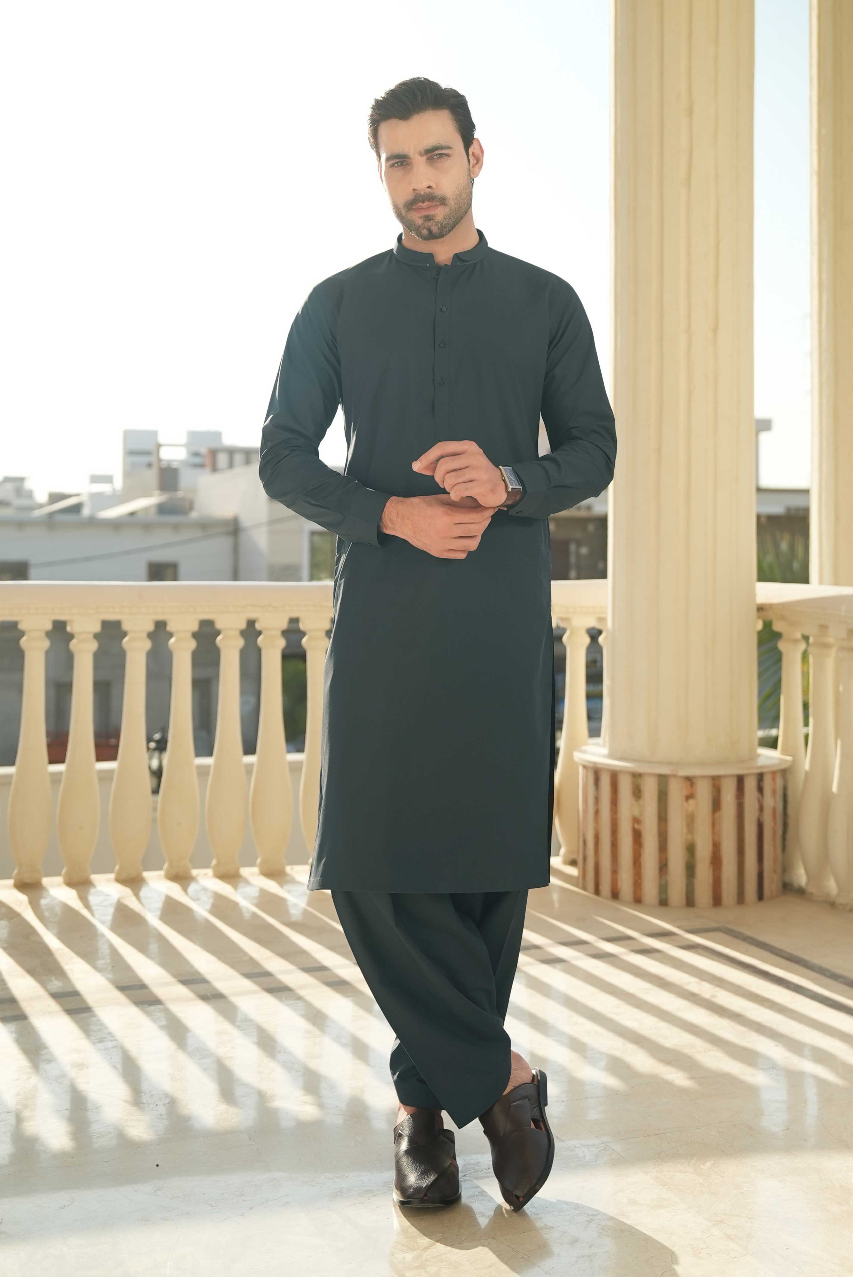 Dark Grey stitched Shalwar Kameez in Double Cheetah Bosky wash & wear fabric by Narkin's – FQ Collection.