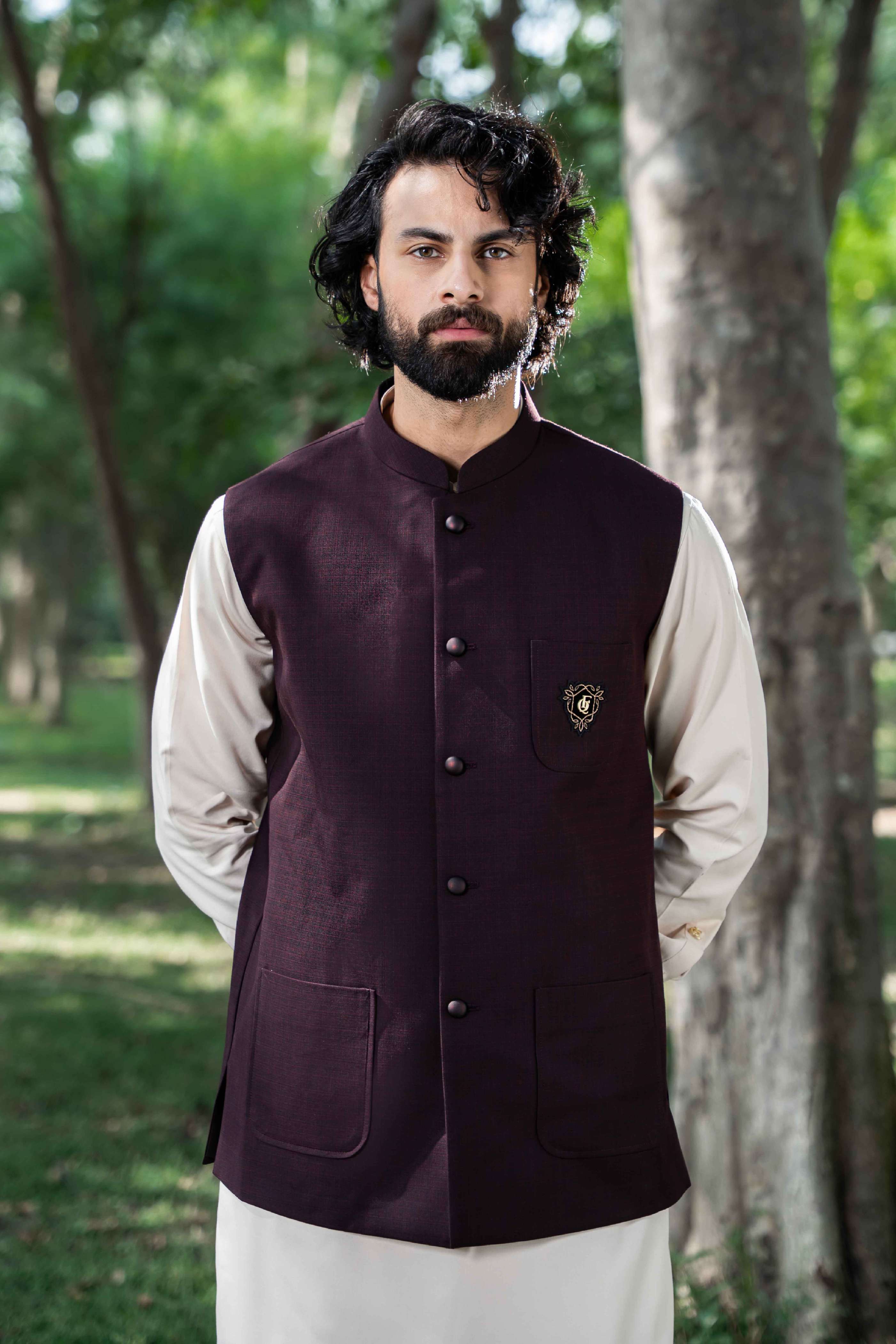 Elegant ready-to-wear waistcoat in wine color featuring imported blended fabric and premium fit