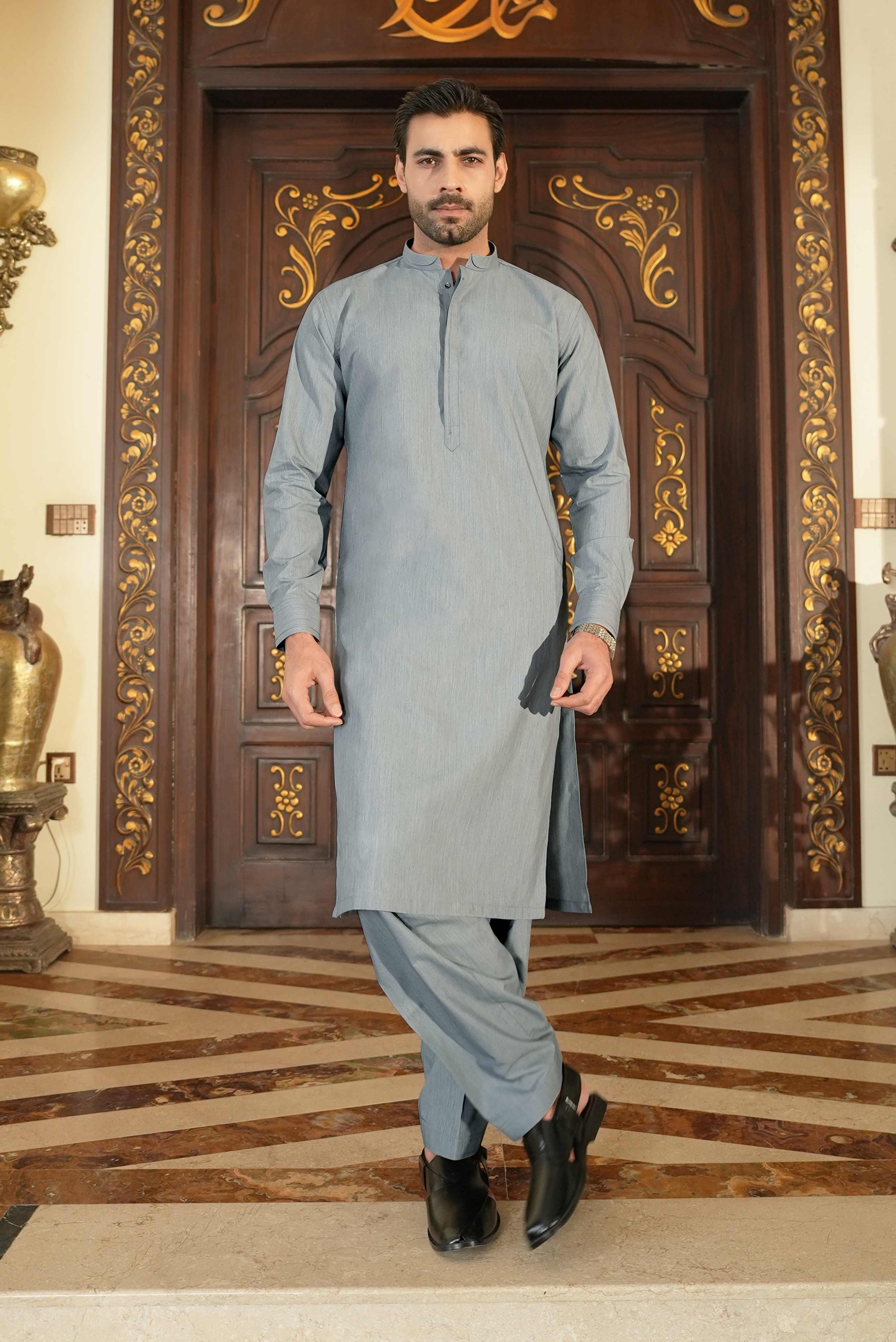 Silver Grey stitched Shalwar Kameez in Double Cheetah Bosky wash & wear fabric by Narkin's – FQ Collection.