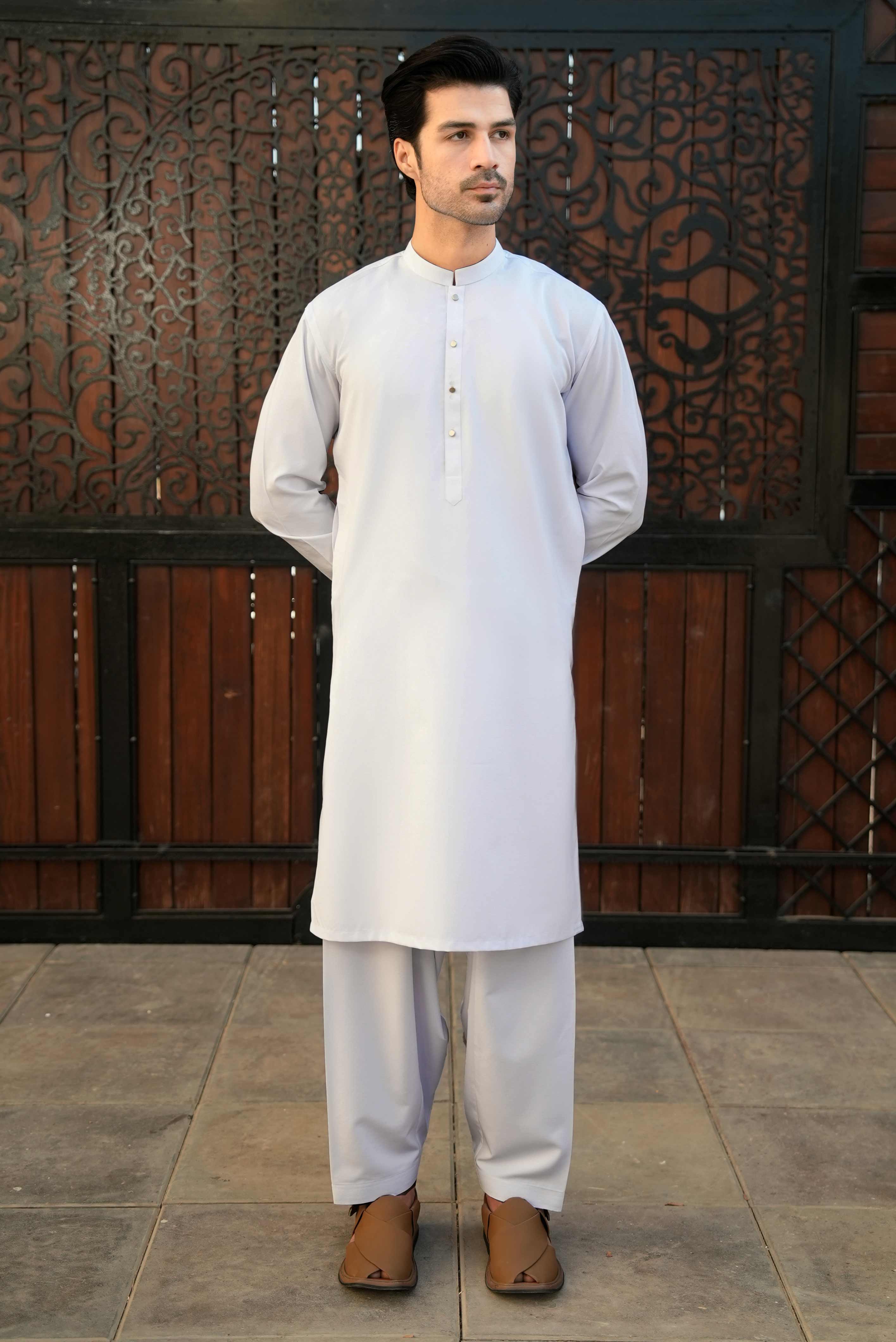 White stitched Shalwar Kameez in Double Cheetah Bosky wash & wear fabric by Narkin's – FQ Collection.
