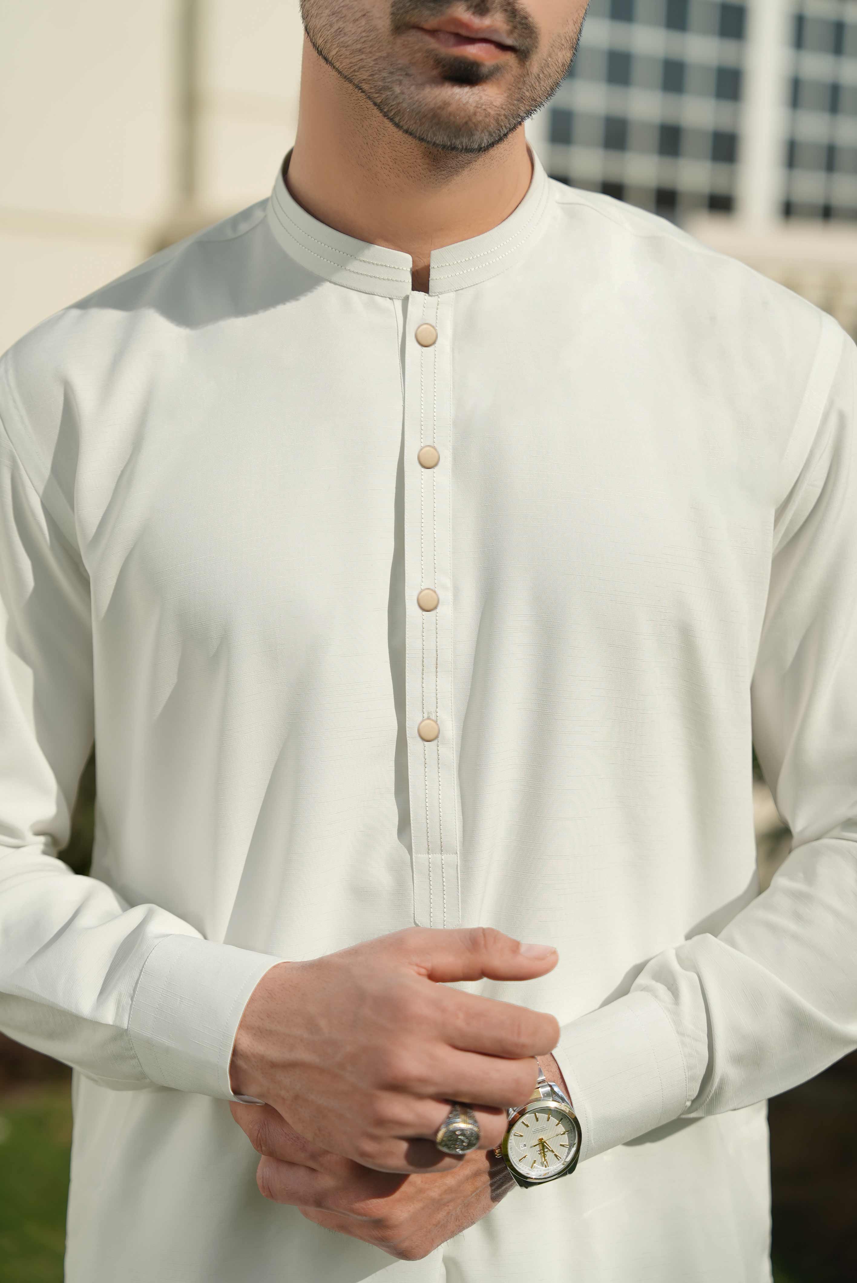 Off White stitched Shalwar Kameez in Double Cheetah Bosky wash & wear fabric by Narkin's – FQ Collection.