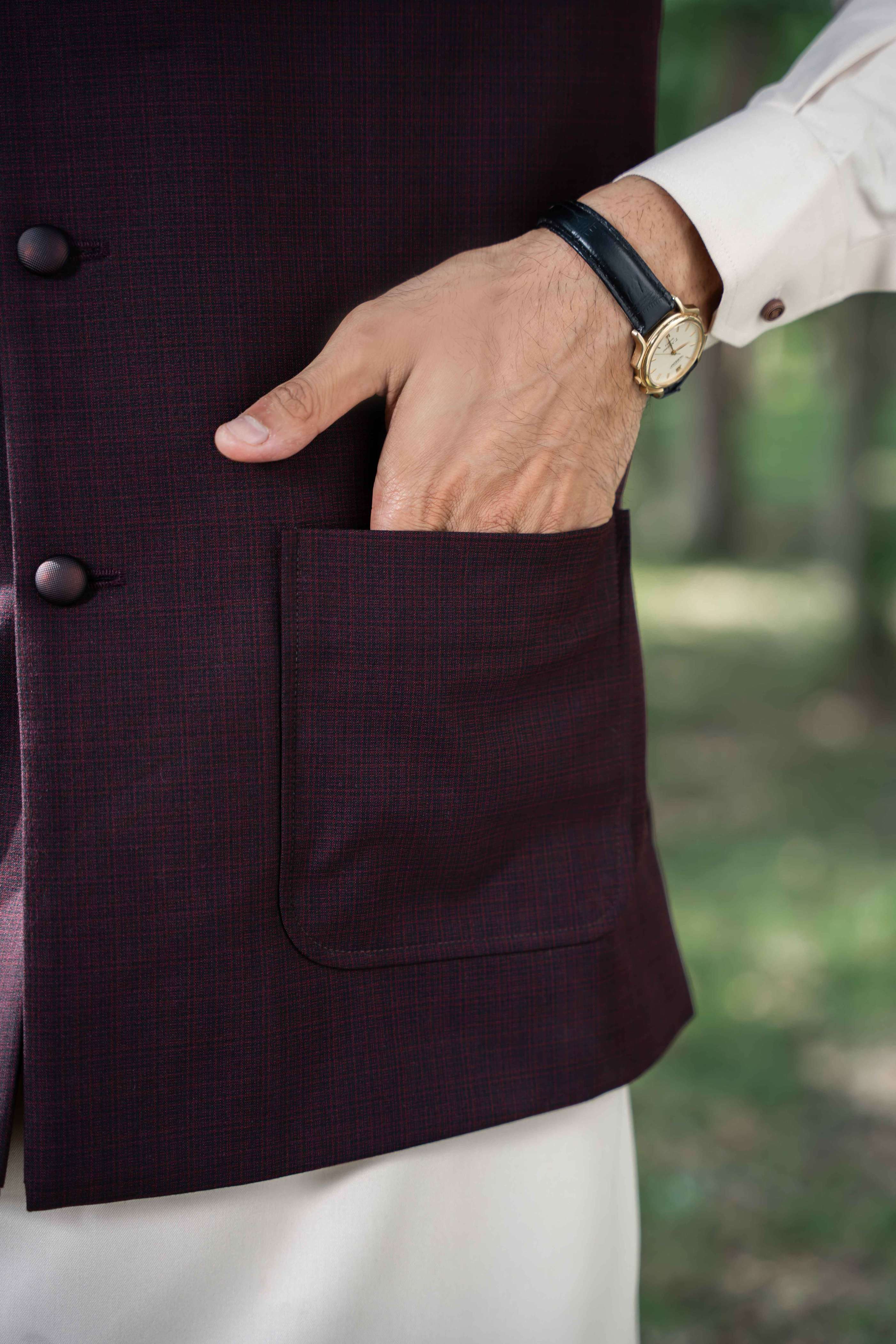 Elegant ready-to-wear waistcoat in wine color featuring imported blended fabric and premium fit