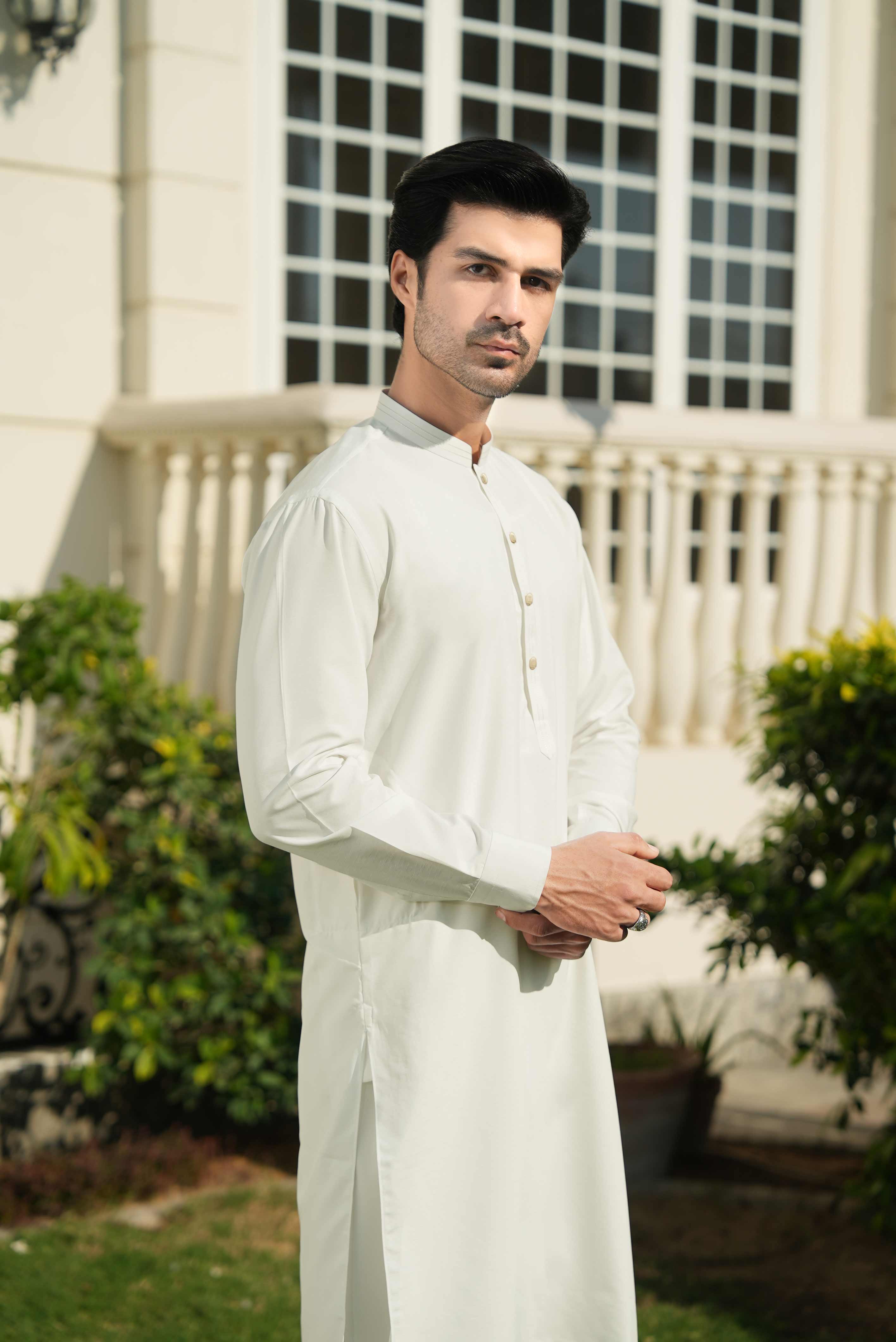 Off White stitched Shalwar Kameez in Double Cheetah Bosky wash & wear fabric by Narkin's – FQ Collection.