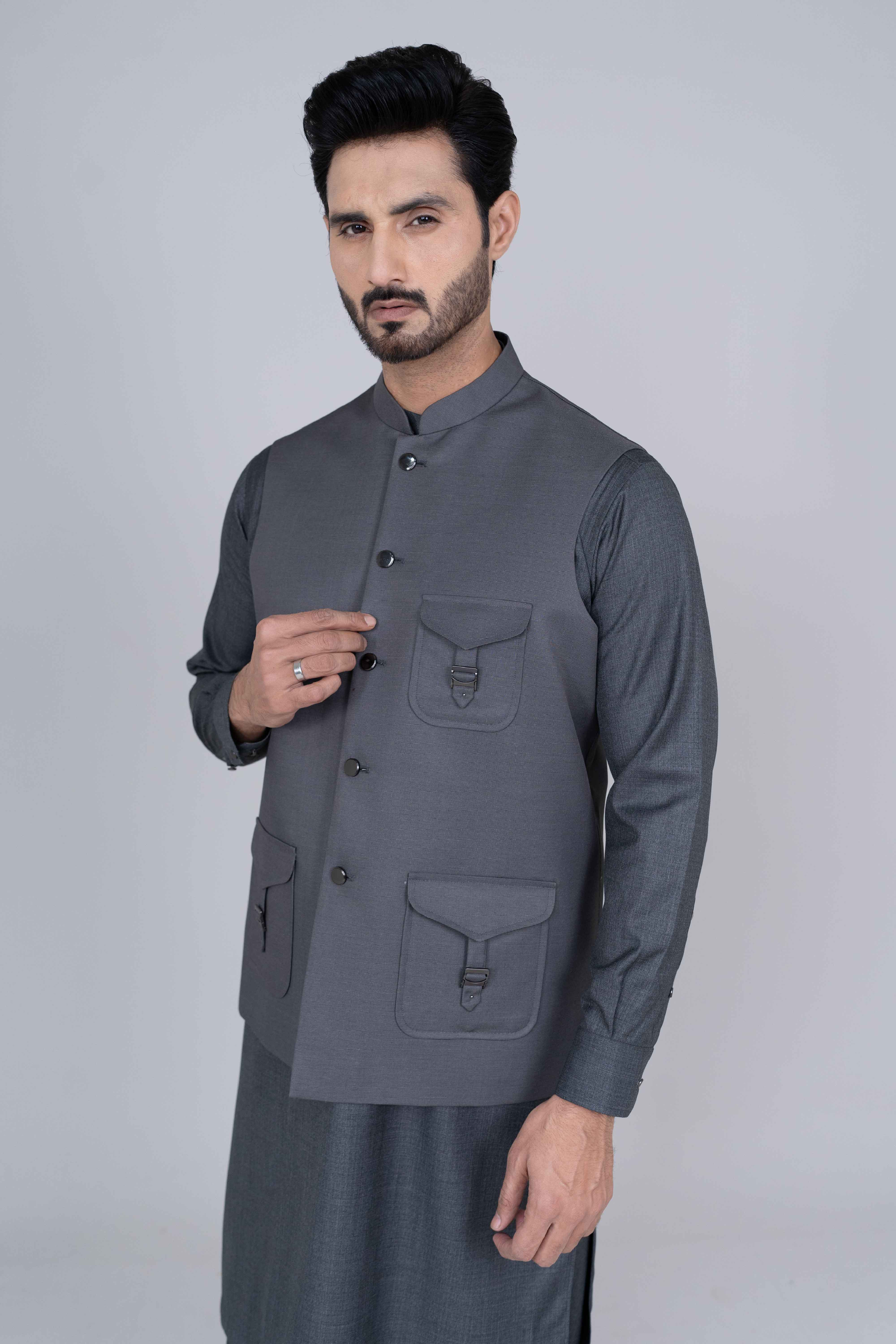 Grey stitched waist coat made with premium suiting fabric by Narkin’s, featuring 3 jetted pockets and refined tailored finish.