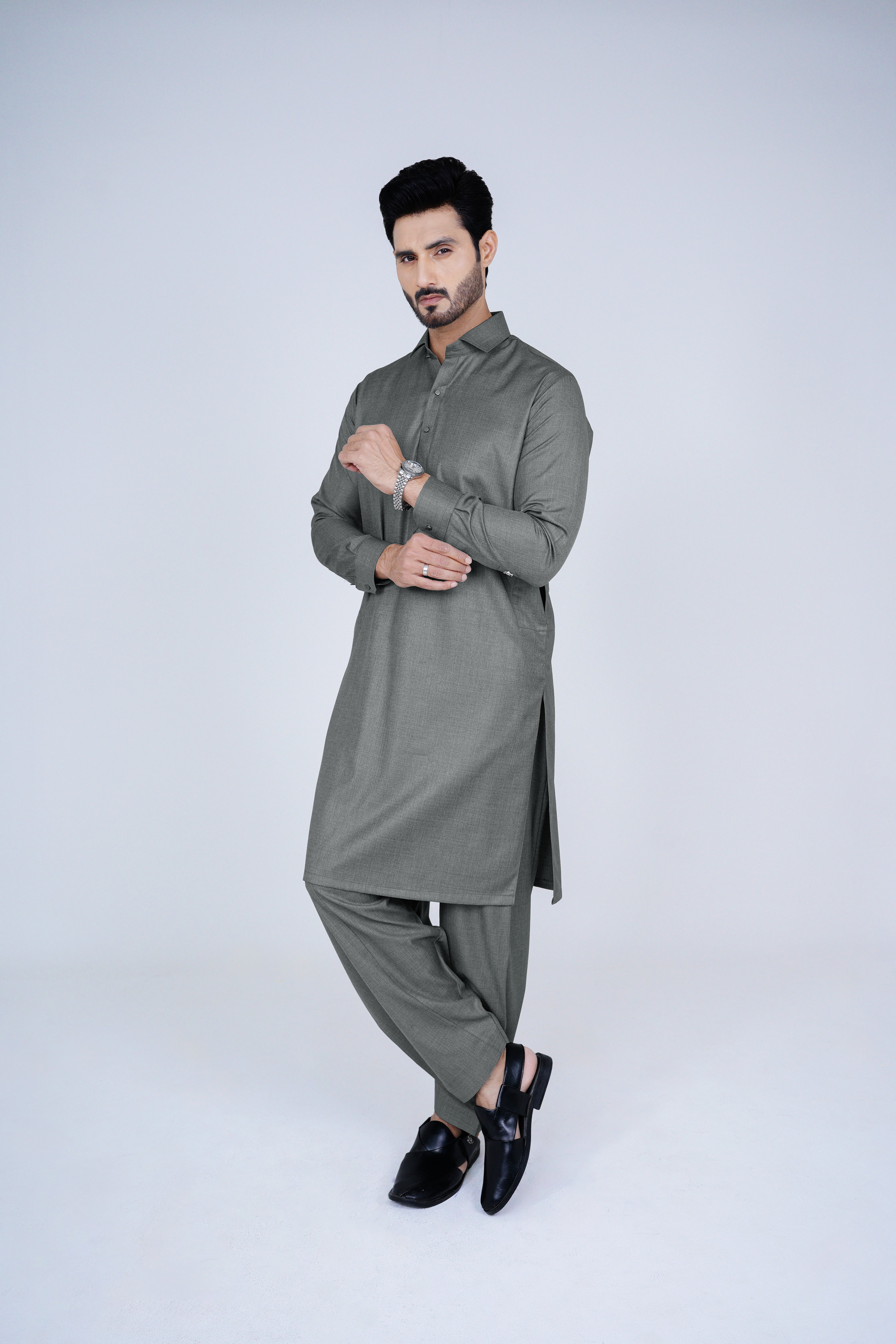 SWS23 grey Faysal quraishi collection textured wash & wear stitched fabric for winter shalwar kameez