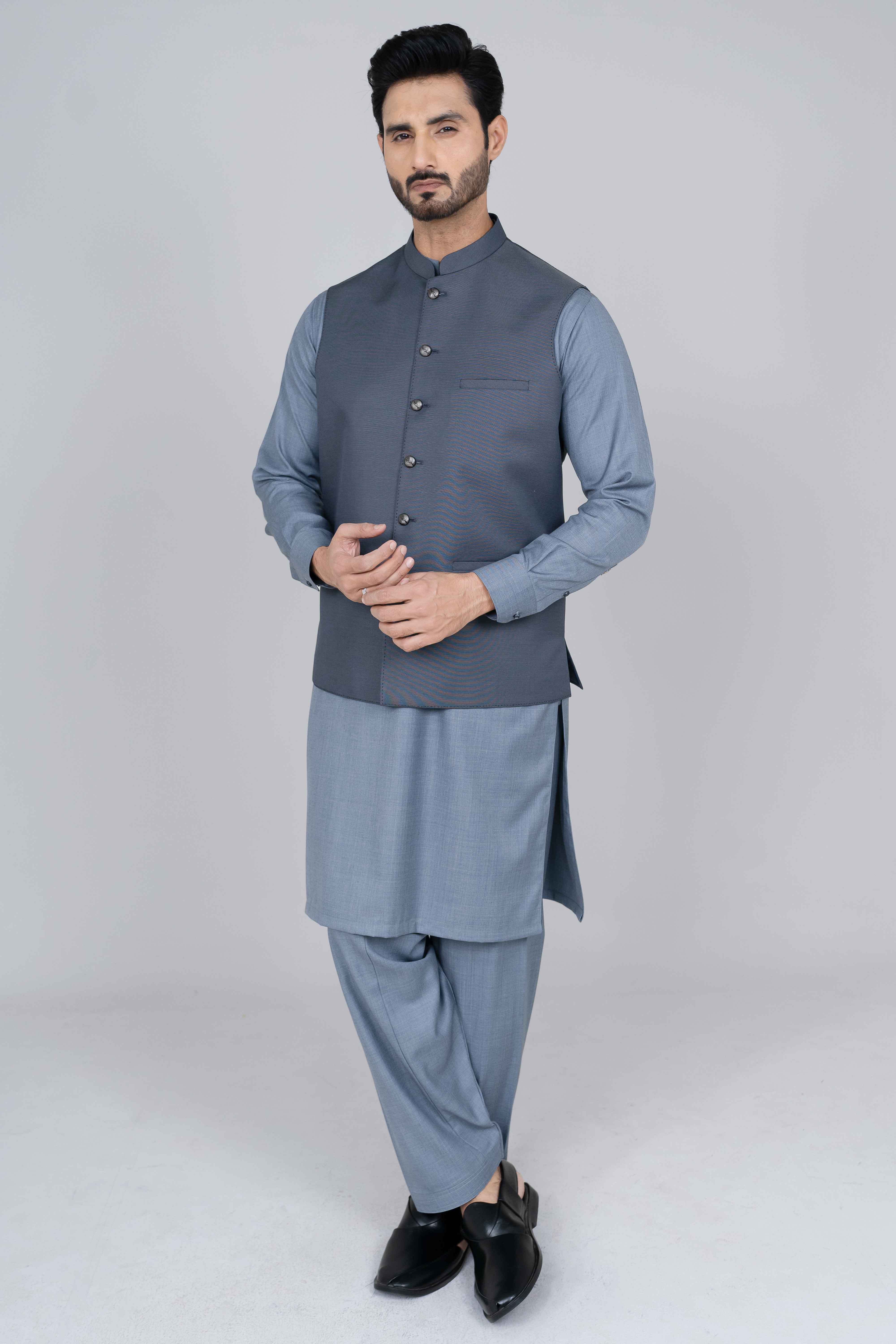 Stitched suiting fabric waist coat in blue, crafted with imported blended fabric and elegant tailored details.