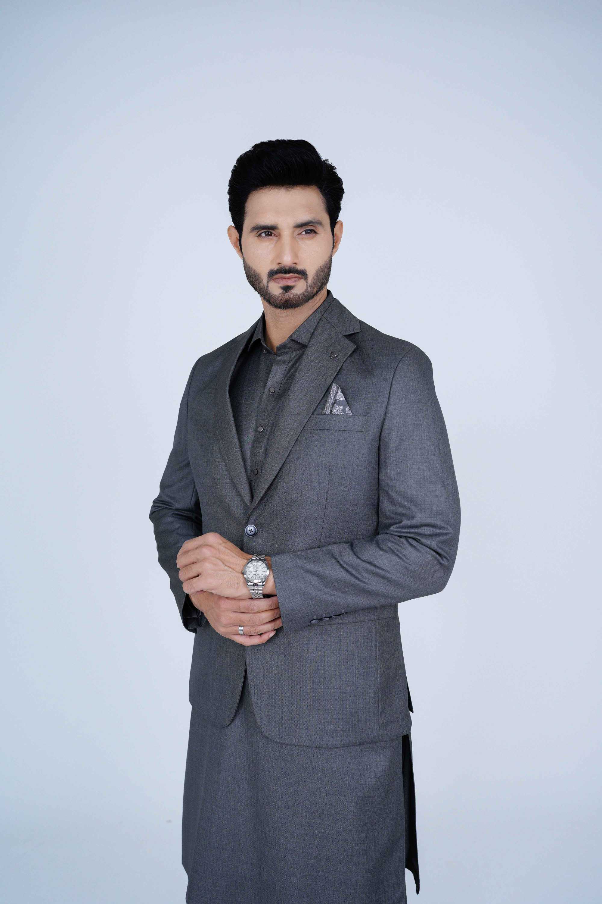 Stitched Grey Blazer NBL23 made with premium imported suiting fabric, featuring jetted pockets and elegant ready-to-wear design