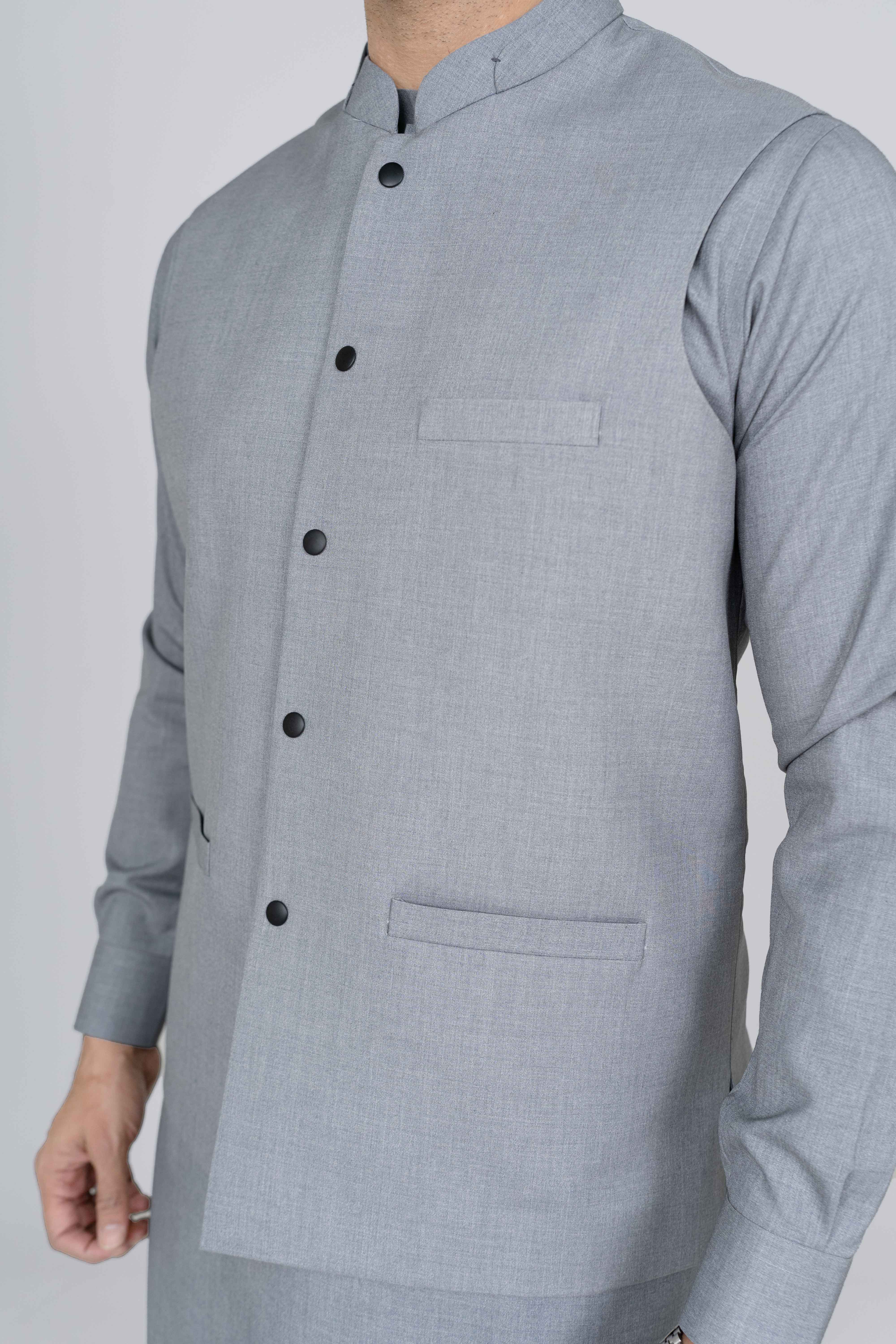 "Silver stitched waist coat NWC56 made with premium suiting fabric, featuring 3 jetted pockets and imported blended construction by Narkin’s."