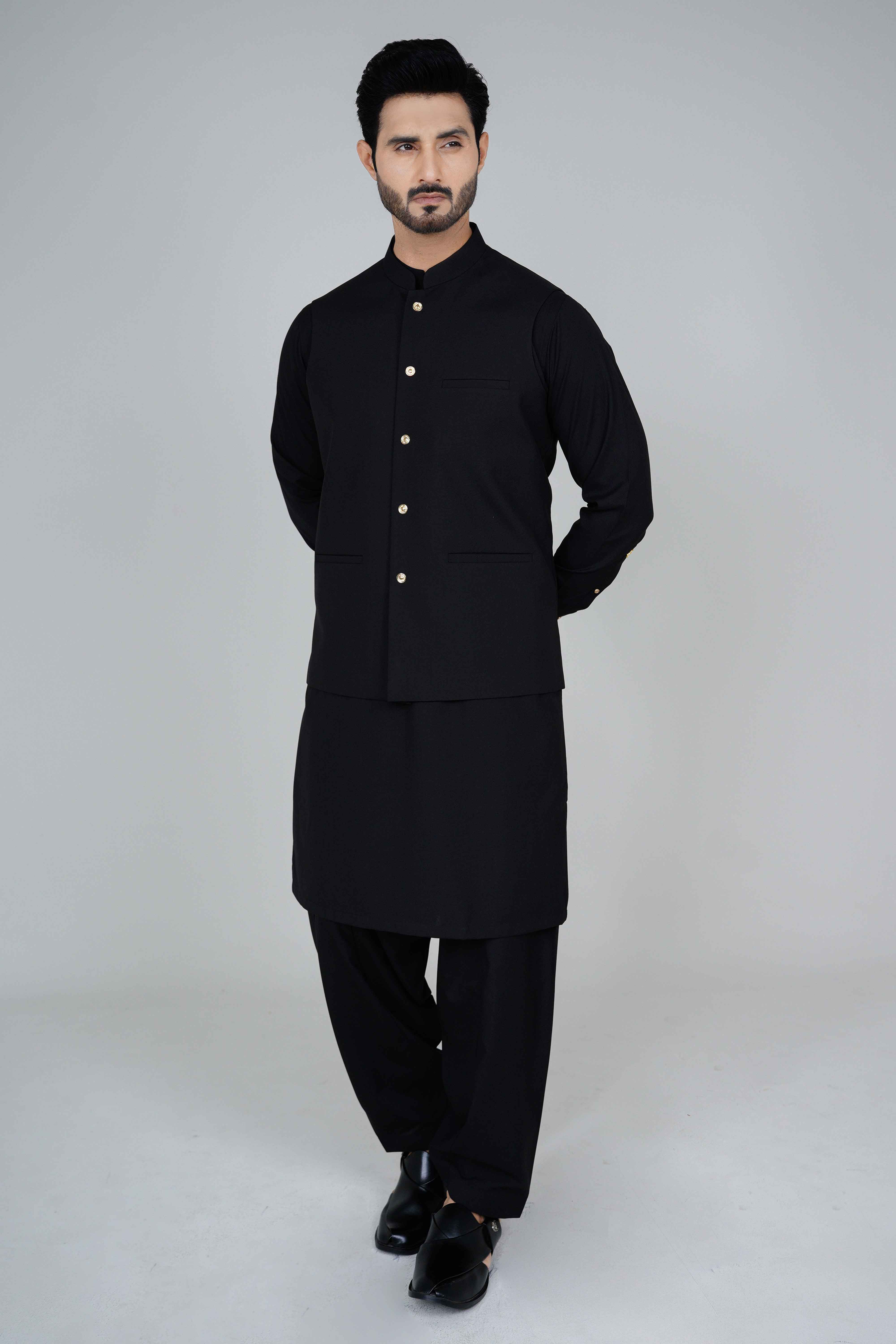 Stitched suiting fabric waist coat NWC54 in black, premium fit with 3 jetted pockets and imported blended fabric.