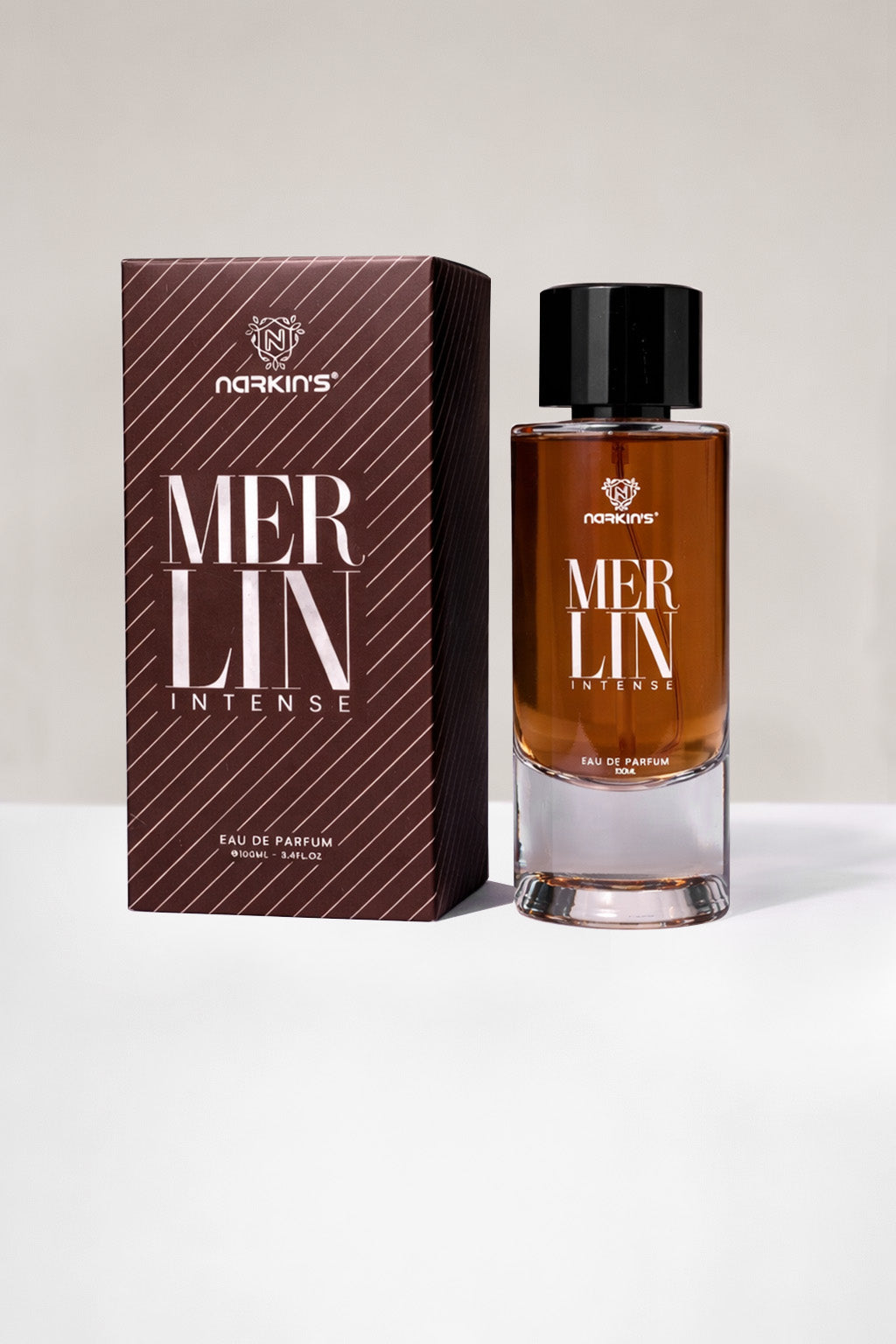 Merlin Intense perfume bottle – citrus, fruity, and warm fragrance with Sicilian Orange, Bergamot, White Musk, Vanilla, and Amber