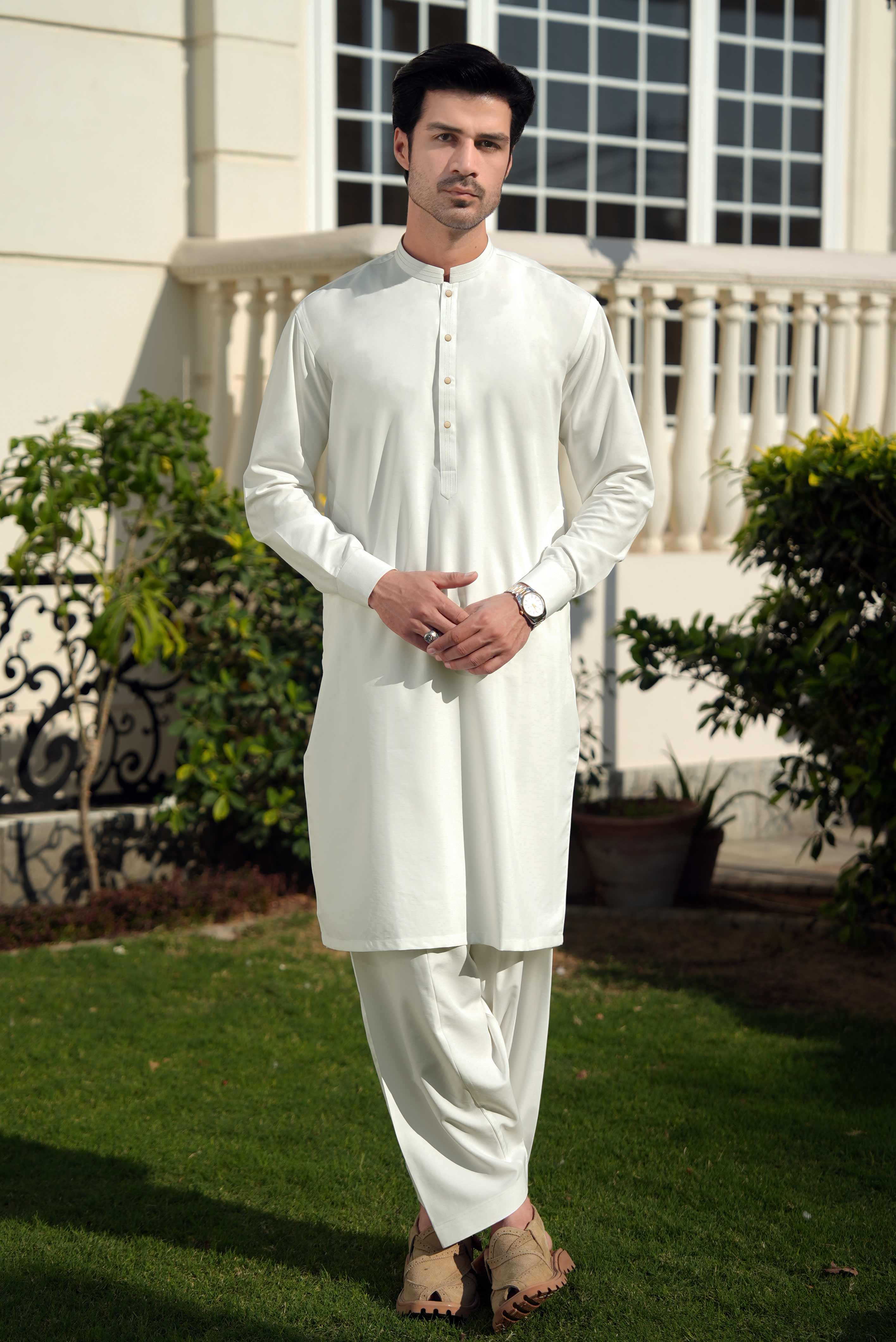 Off White stitched Shalwar Kameez in Double Cheetah Bosky wash & wear fabric by Narkin's – FQ Collection.