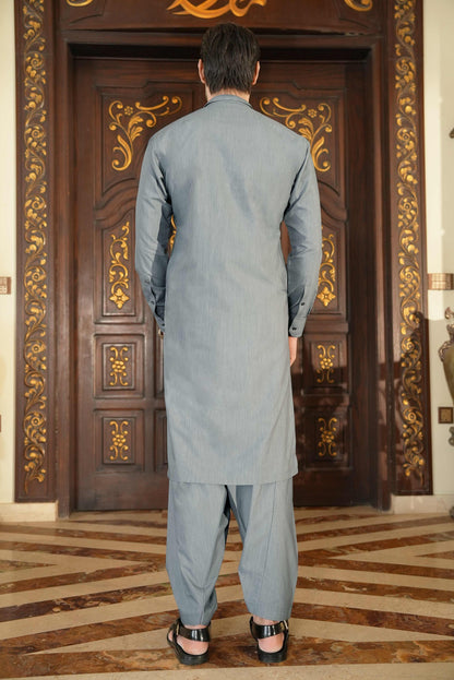 Silver Grey stitched Shalwar Kameez in Double Cheetah Bosky wash & wear fabric by Narkin's – FQ Collection.