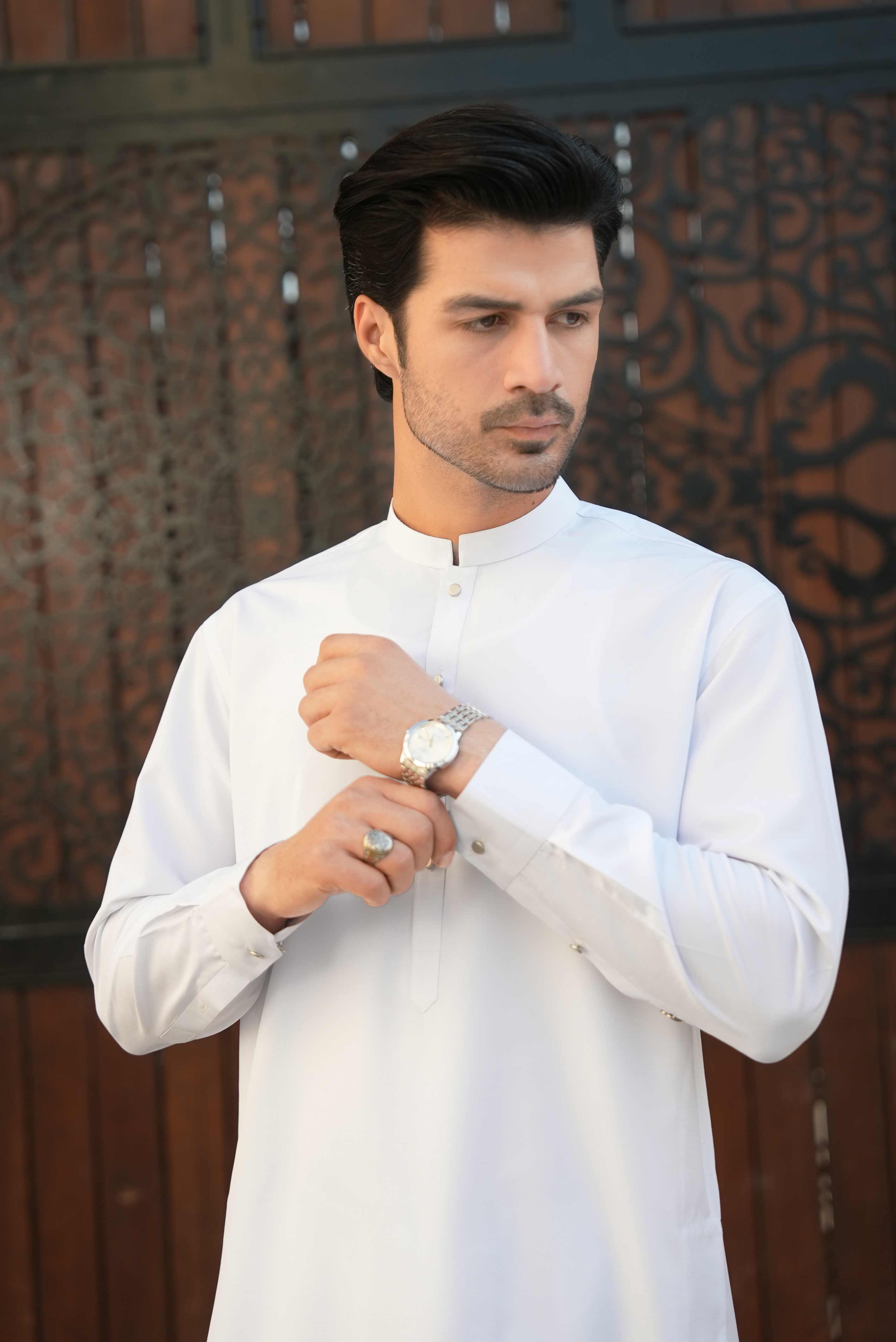 White stitched Shalwar Kameez in Double Cheetah Bosky wash & wear fabric by Narkin's – FQ Collection.