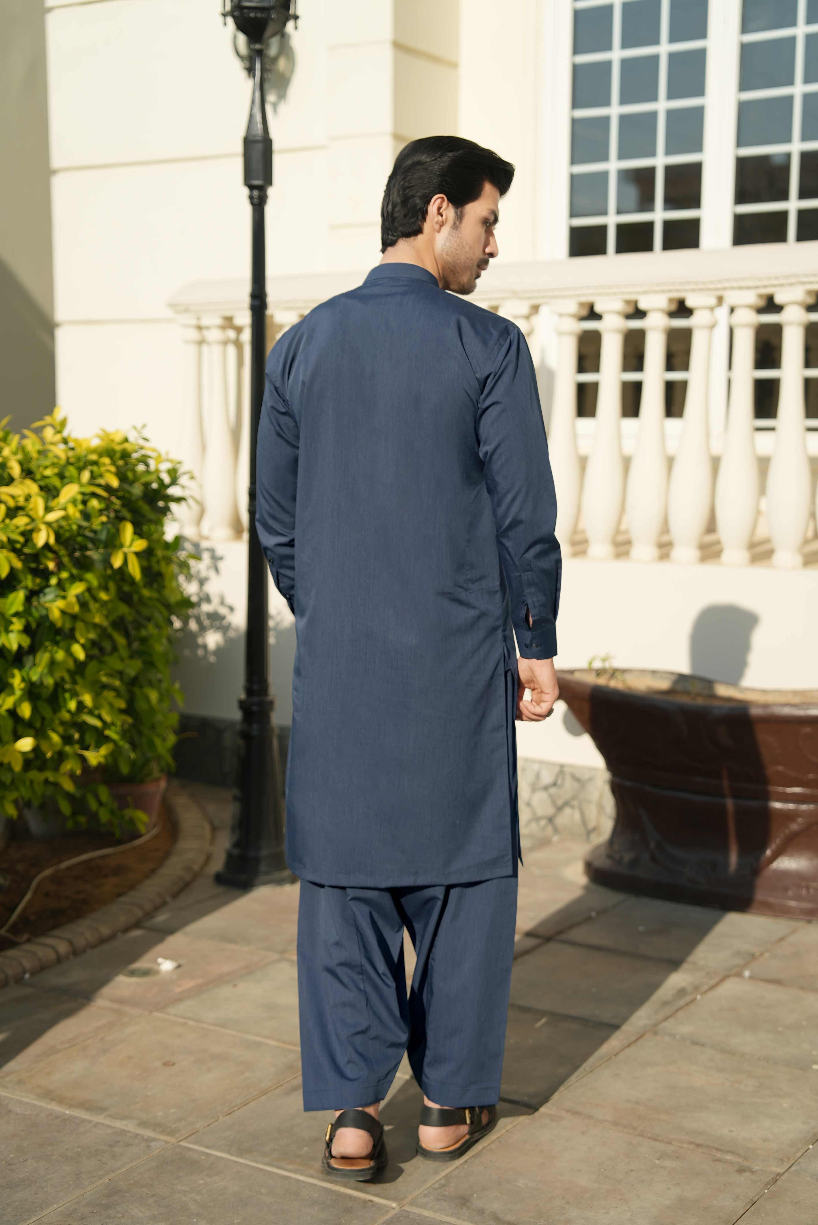 Greyish Blue stitched Shalwar Kameez in Double Cheetah Bosky wash & wear fabric by Narkin's – FQ Collection.
