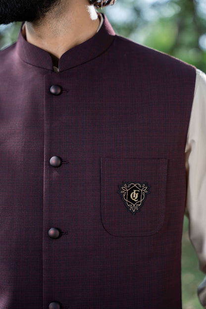 Elegant ready-to-wear waistcoat in wine color featuring imported blended fabric and premium fit