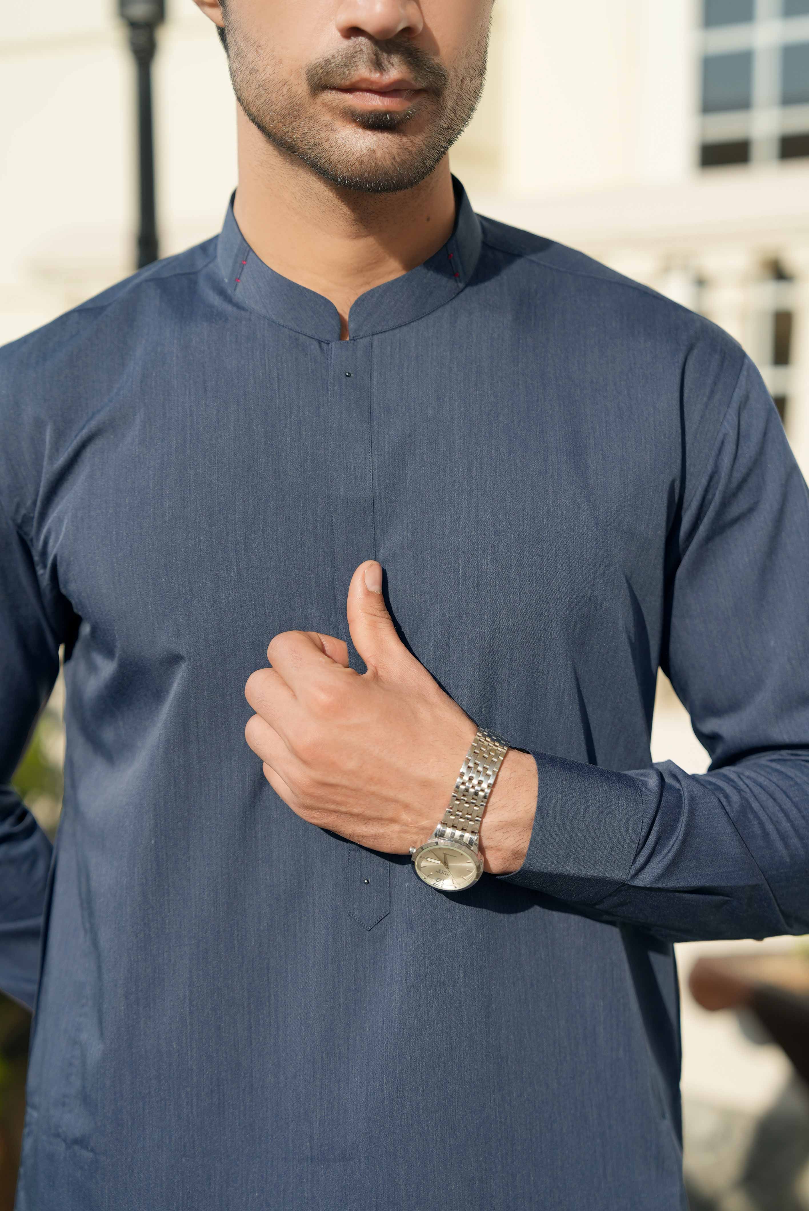 Greyish Blue stitched Shalwar Kameez in Double Cheetah Bosky wash & wear fabric by Narkin's – FQ Collection.