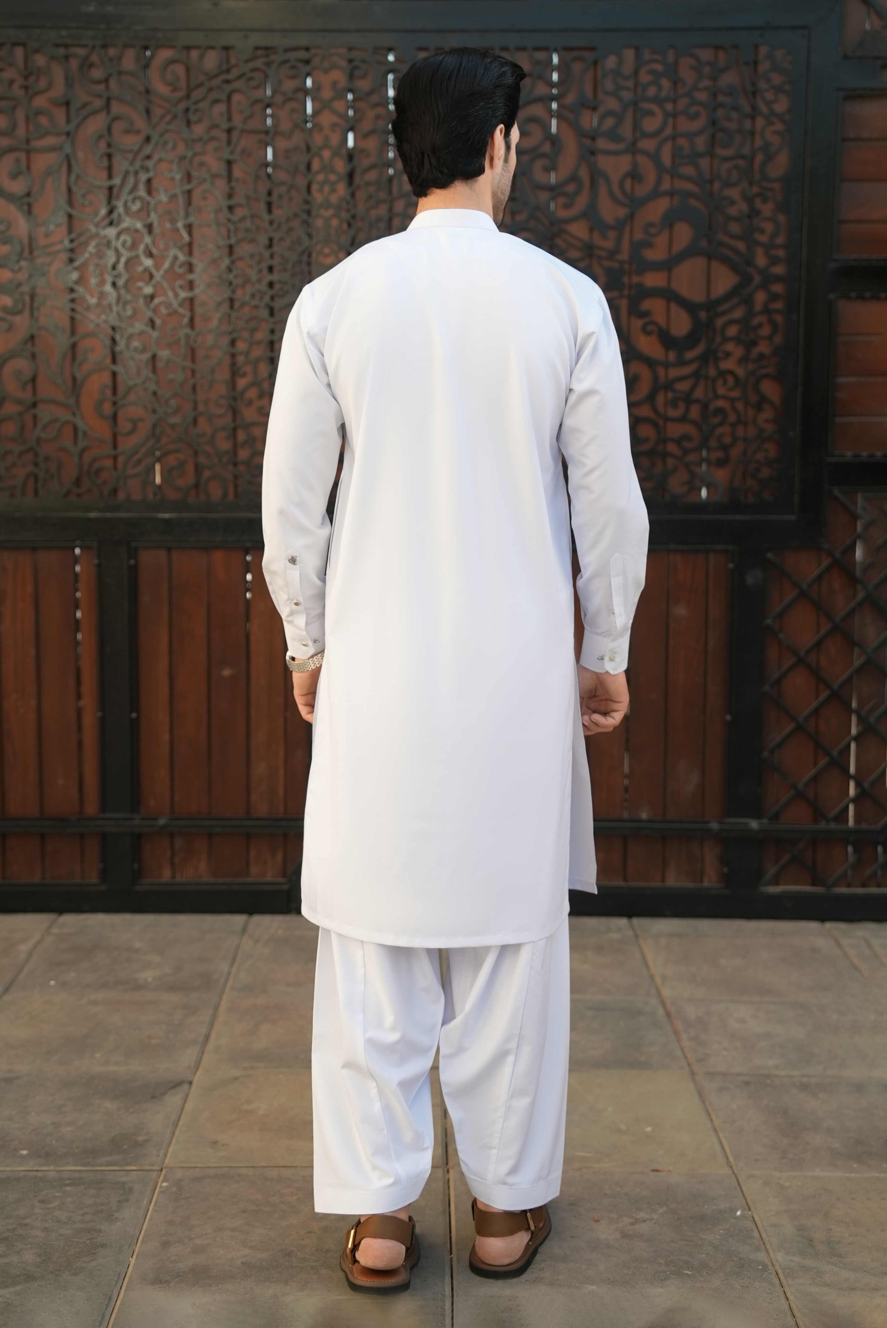 White stitched Shalwar Kameez in Double Cheetah Bosky wash & wear fabric by Narkin's – FQ Collection.