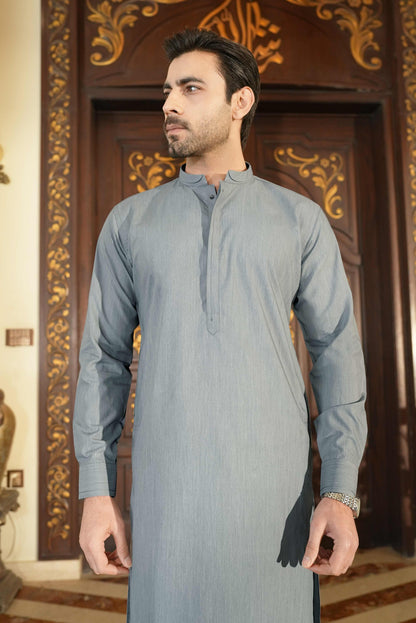 Silver Grey stitched Shalwar Kameez in Double Cheetah Bosky wash & wear fabric by Narkin's – FQ Collection.