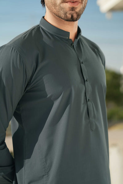Dark Grey stitched Shalwar Kameez in Double Cheetah Bosky wash & wear fabric by Narkin's – FQ Collection.