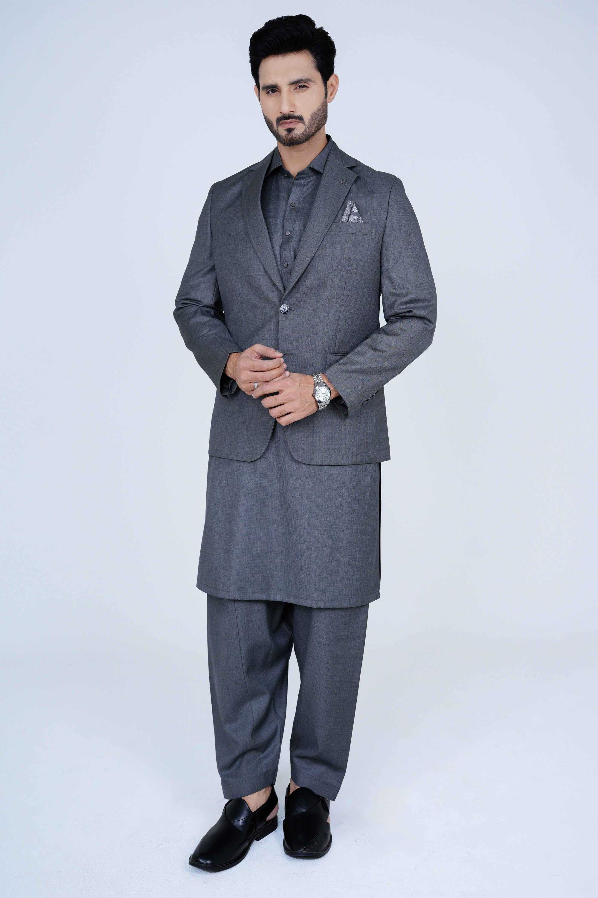 Stitched Grey Blazer NBL23 made with premium imported suiting fabric, featuring jetted pockets and elegant ready-to-wear design