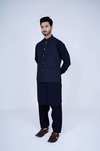 Stitched suiting fabric waist coat in navy blue, crafted with imported blended fabric and elegant tailored details.