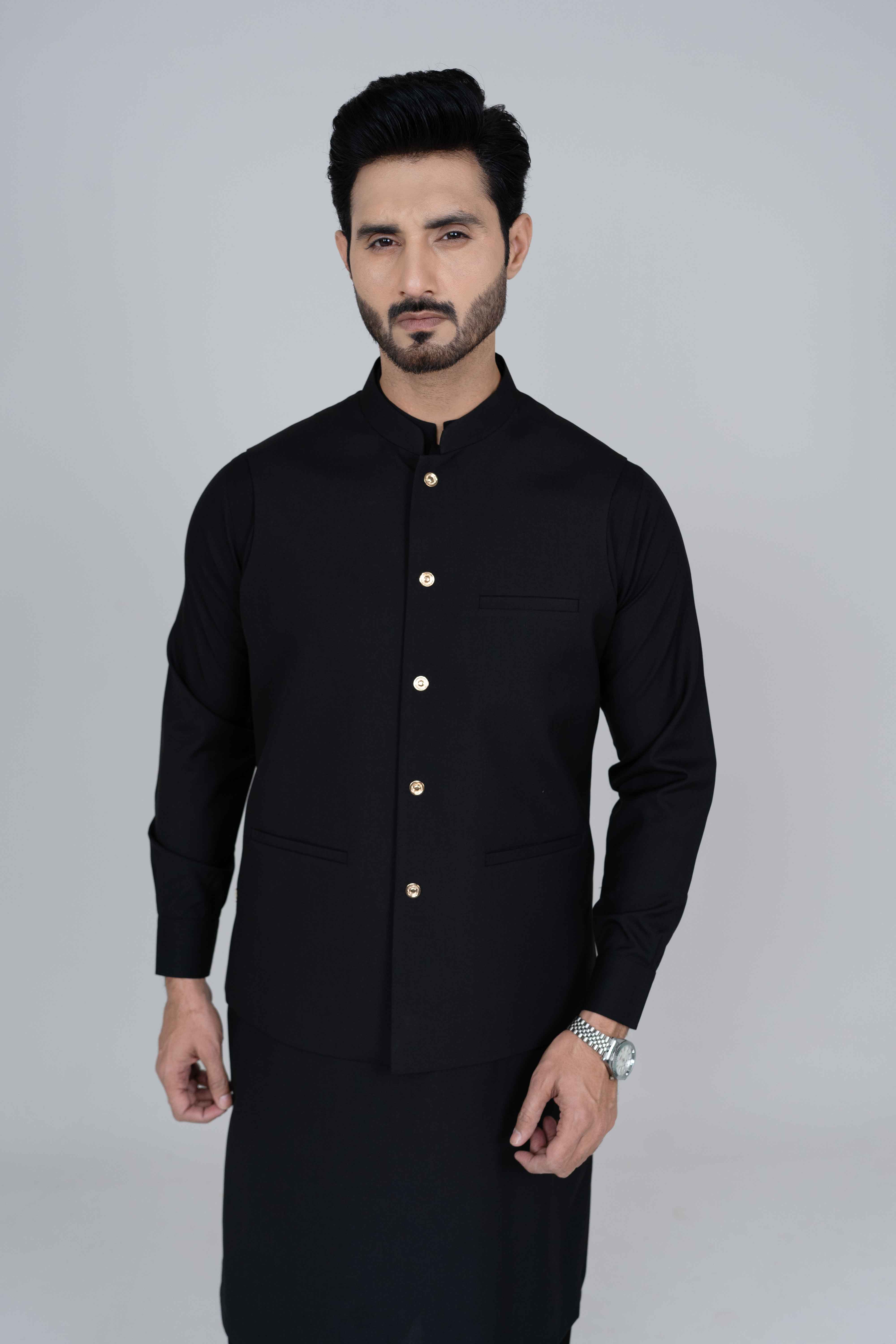 Stitched suiting fabric waist coat NWC54 in black, premium fit with 3 jetted pockets and imported blended fabric.
