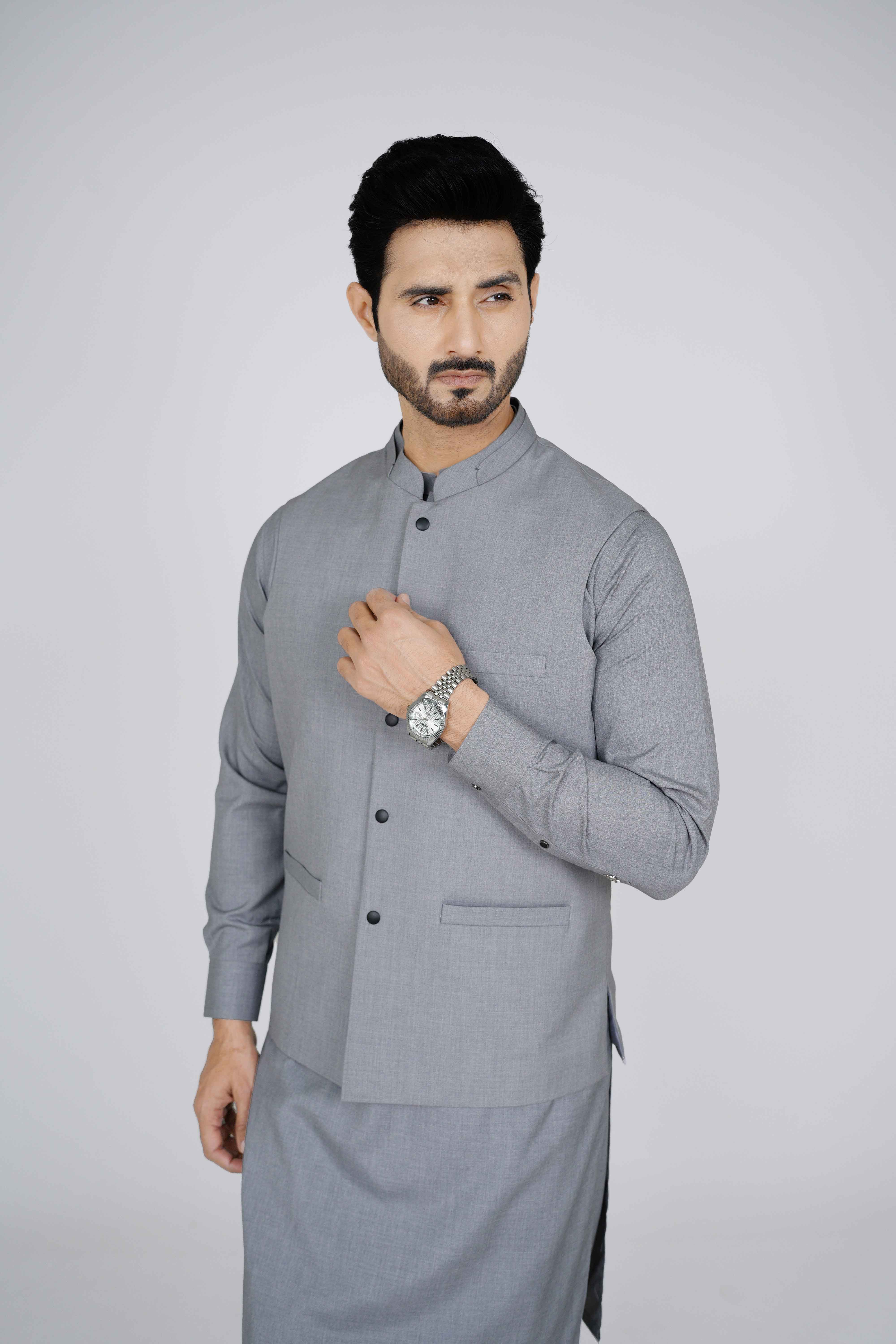 "Silver stitched waist coat NWC56 made with premium suiting fabric, featuring 3 jetted pockets and imported blended construction by Narkin’s."