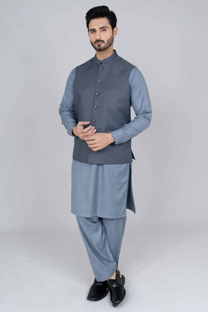 Stitched suiting fabric waist coat in blue, crafted with imported blended fabric and elegant tailored details.