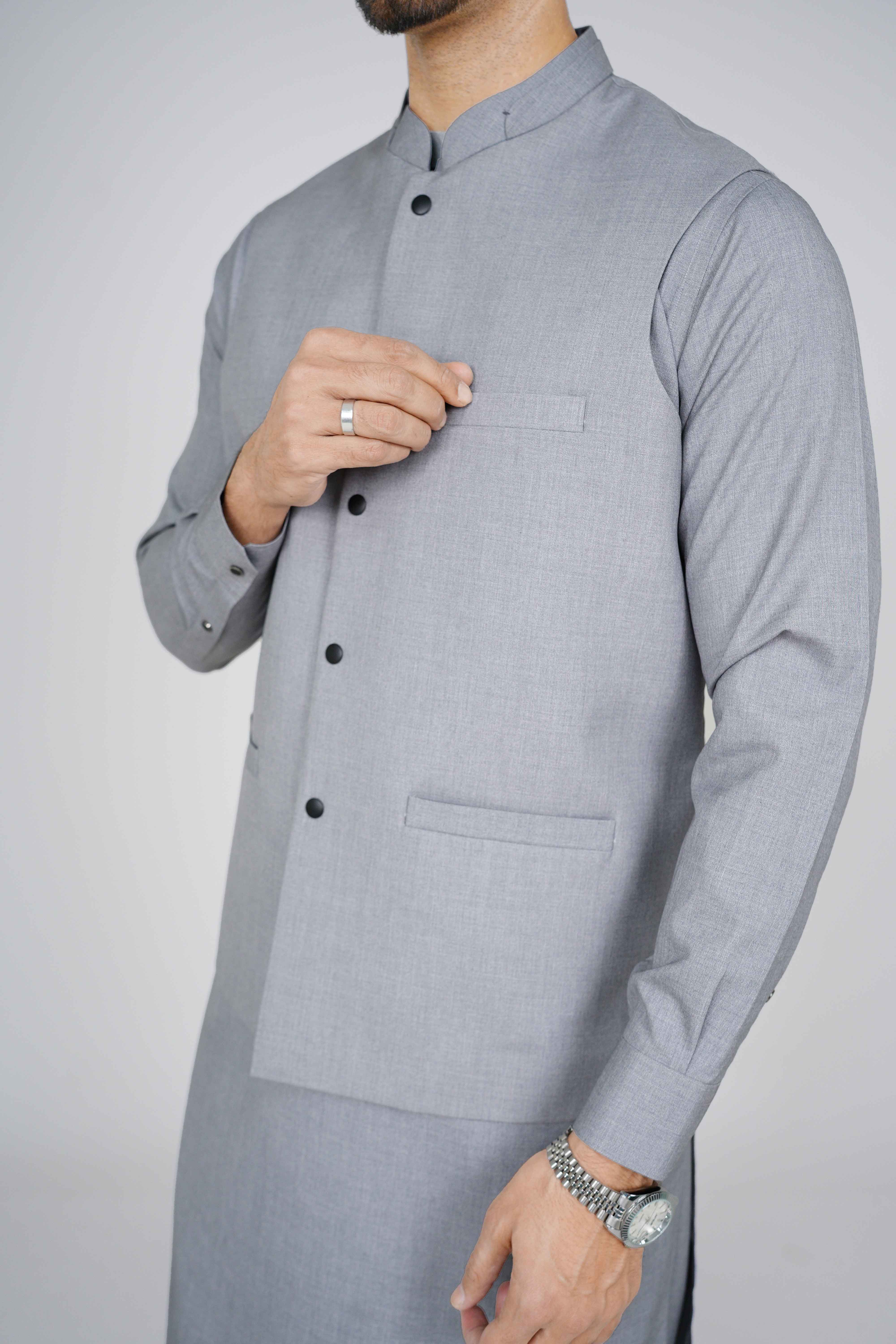 "Silver stitched waist coat NWC56 made with premium suiting fabric, featuring 3 jetted pockets and imported blended construction by Narkin’s."