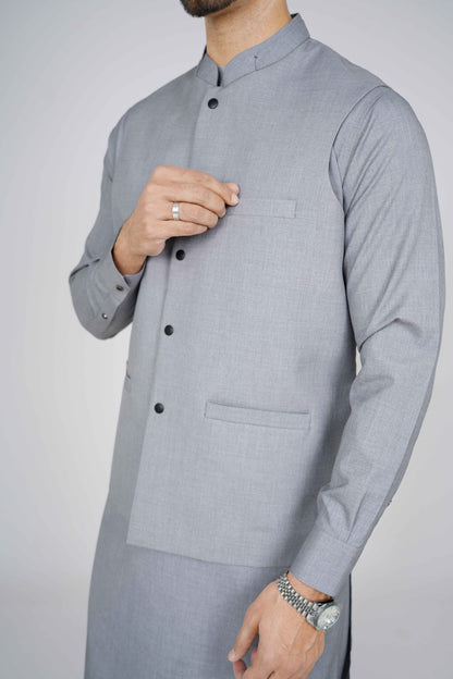 "Silver stitched waist coat NWC56 made with premium suiting fabric, featuring 3 jetted pockets and imported blended construction by Narkin’s."