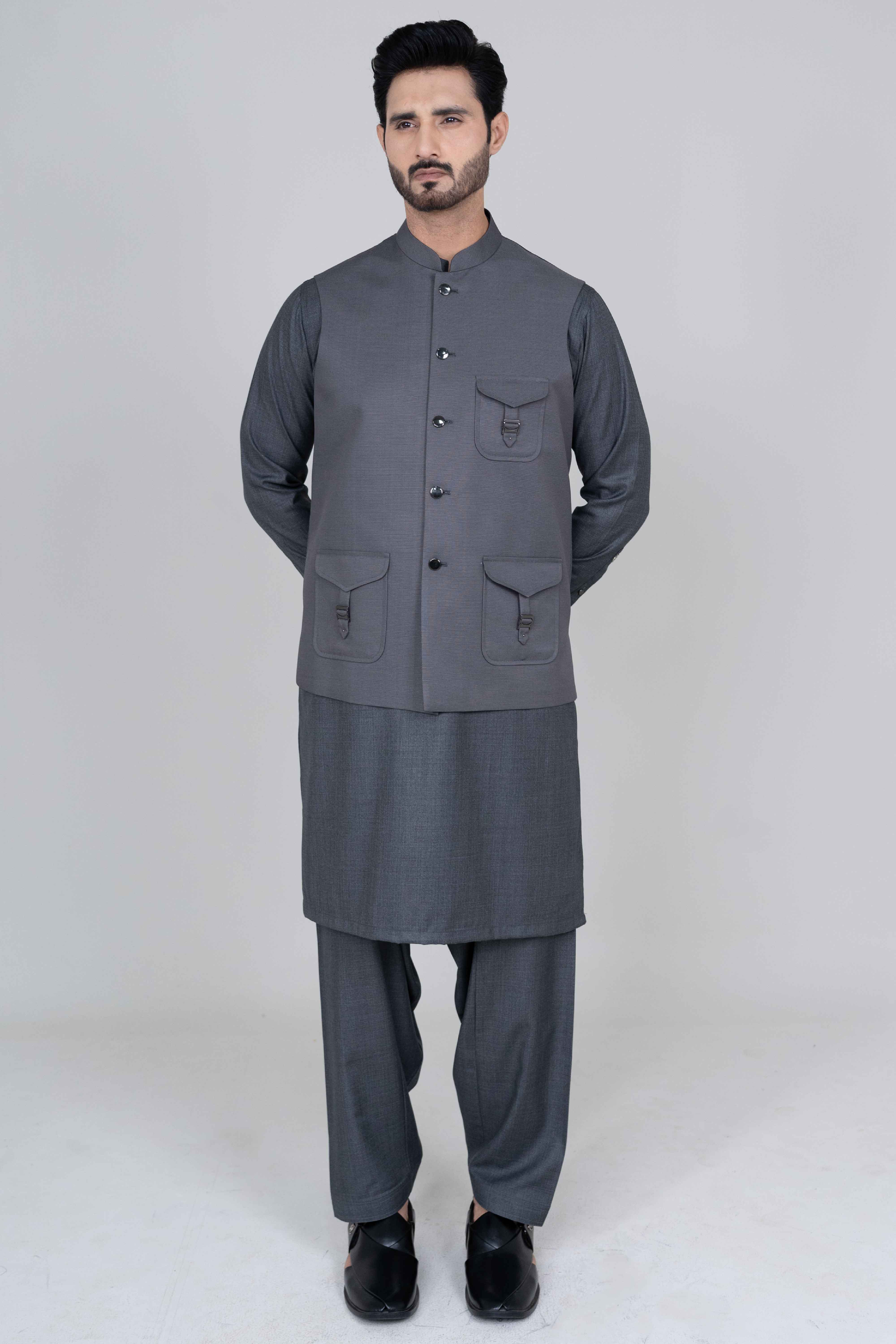 Grey stitched waist coat made with premium suiting fabric by Narkin’s, featuring 3 jetted pockets and refined tailored finish.