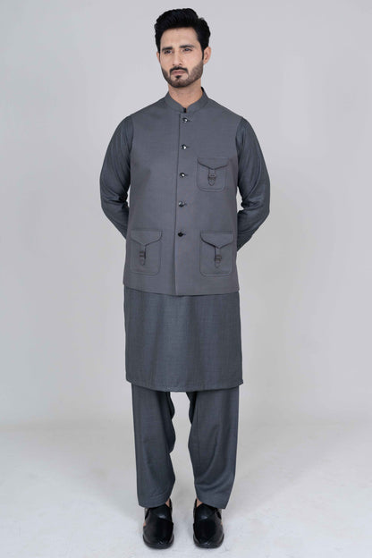 Grey stitched waist coat made with premium suiting fabric by Narkin’s, featuring 3 jetted pockets and refined tailored finish.