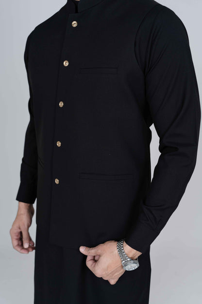 Stitched suiting fabric waist coat NWC54 in black, premium fit with 3 jetted pockets and imported blended fabric.