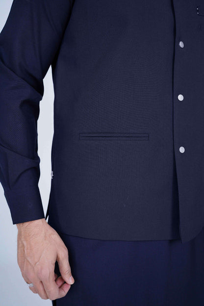 Stitched suiting fabric waist coat in navy blue, crafted with imported blended fabric and elegant tailored details.