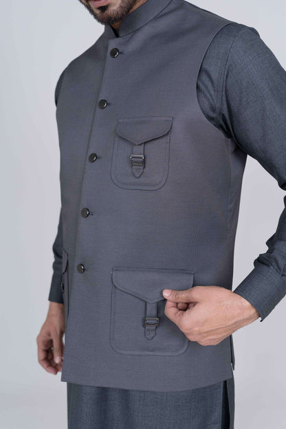 Grey stitched waist coat made with premium suiting fabric by Narkin’s, featuring 3 jetted pockets and refined tailored finish.