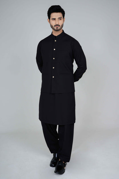 Stitched suiting fabric waist coat NWC54 in black, premium fit with 3 jetted pockets and imported blended fabric.