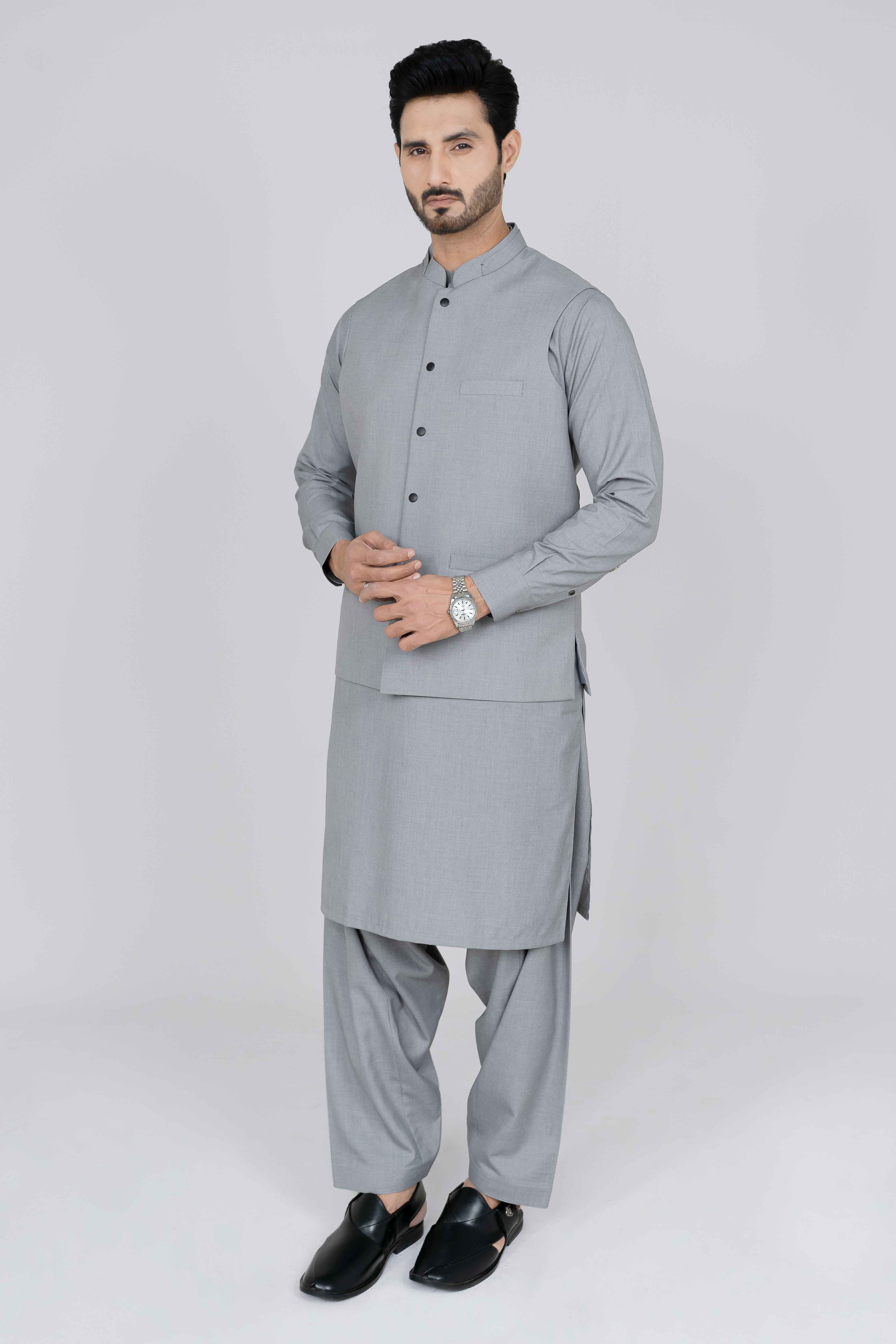 "Silver stitched waist coat NWC56 made with premium suiting fabric, featuring 3 jetted pockets and imported blended construction by Narkin’s."