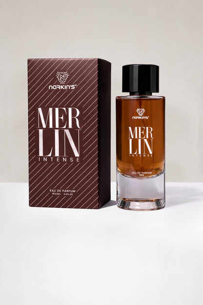 Merlin Intense perfume bottle – citrus, fruity, and warm fragrance with Sicilian Orange, Bergamot, White Musk, Vanilla, and Amber
